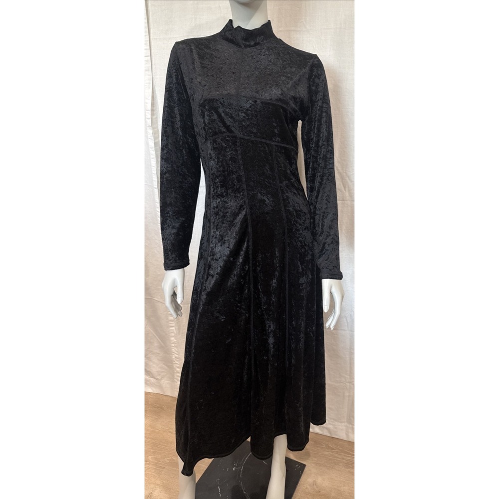 Vtg Crushed Velvet Y2K Black Mockneck Maxi Dress Goth Holiday Med 1990s Vamp